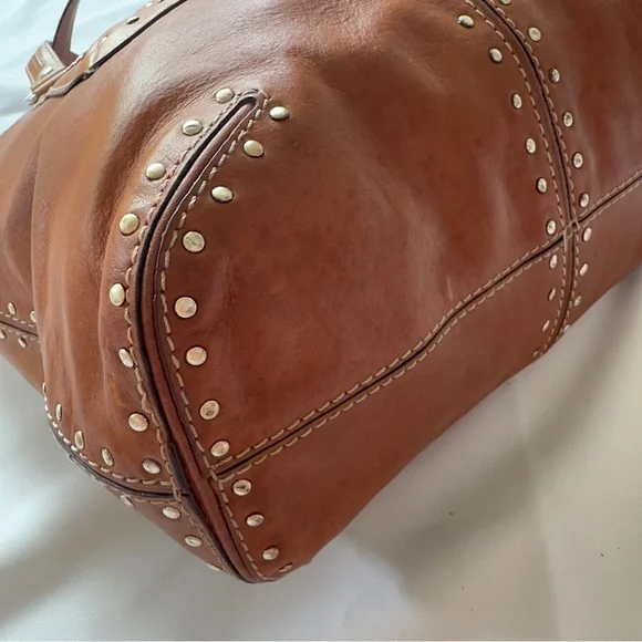 MICHAEL KORS Cognac Brown Gold Studded Leather Shoulder Tote Bag - Picture 5 of 16